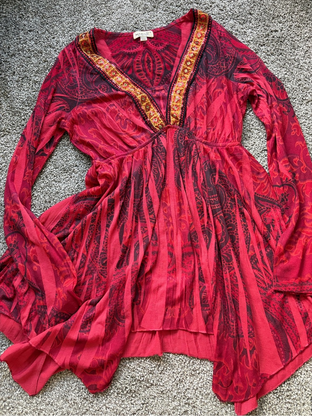 ONE WORLD Red Printed V-Neck Tunic with Embroidered Trim